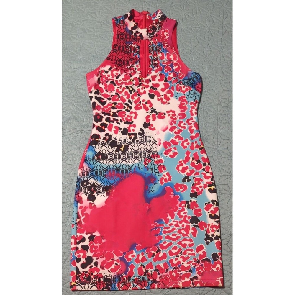 NWT bebe Dress Red White Pink Mock Neck Front Cutout Mixed Print Racer Back Sz S